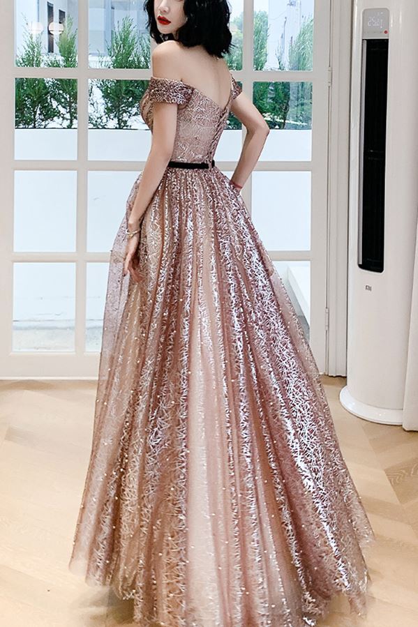 Stunning Off the Shoulder Champagne Long Formal Gown