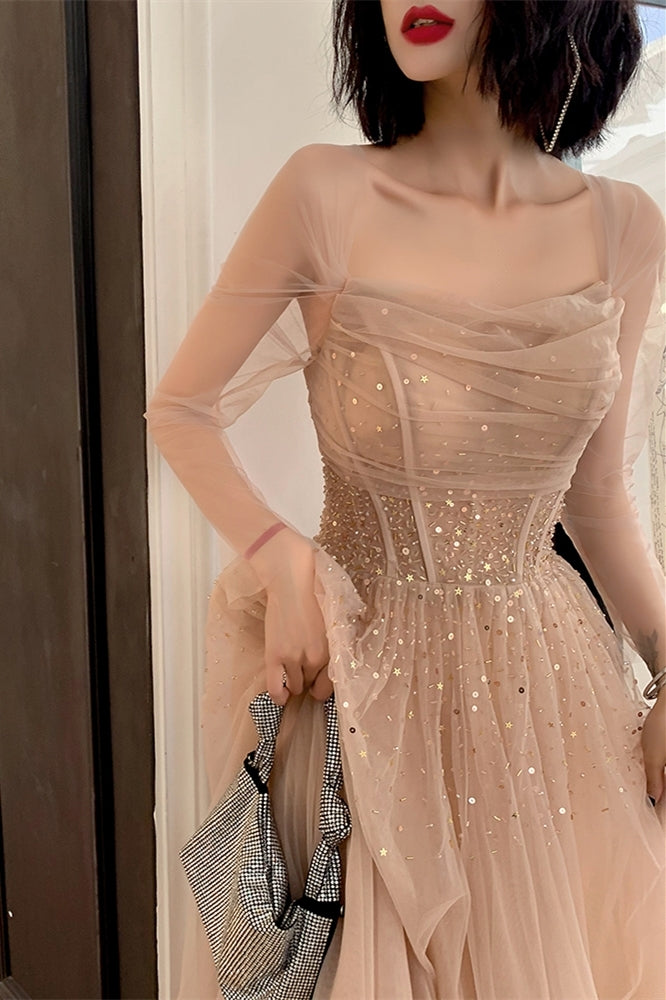 Nude Long Sleeves Tulle and Sequins Long Prom Dress