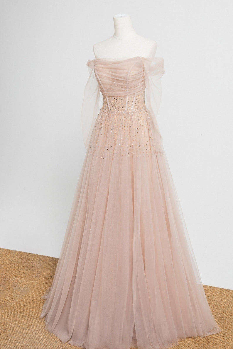 Nude Long Sleeves Tulle and Sequins Long Prom Dress