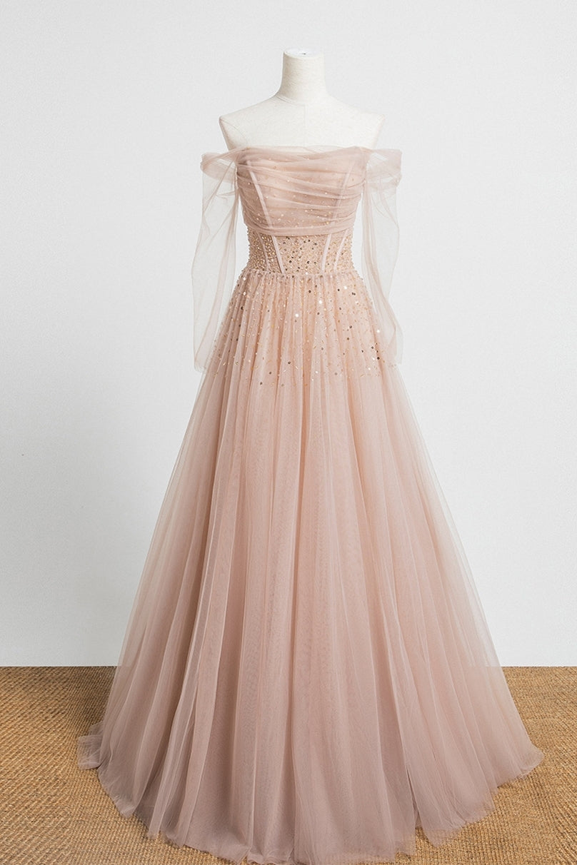 nude long sleeve prom dress Nude Long Sleeves Tulle and Sequins Long Prom Dress – Dressesforparty