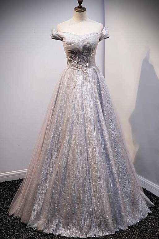 Shiny Off the Shouler Grey Long Evening Dress