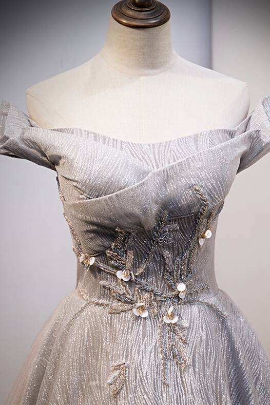 Shiny Off the Shouler Grey Long Evening Dress