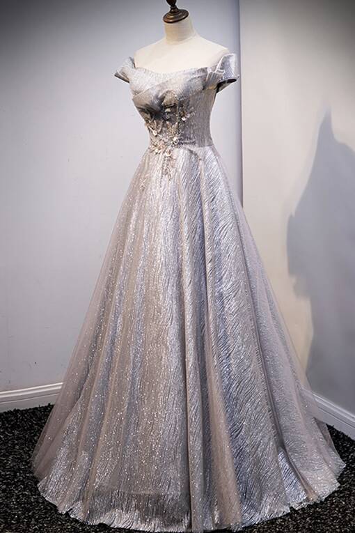 Shiny Off the Shouler Grey Long Evening Dress