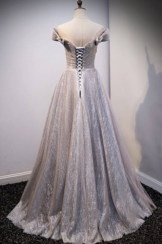 Shiny Off the Shouler Grey Long Evening Dress