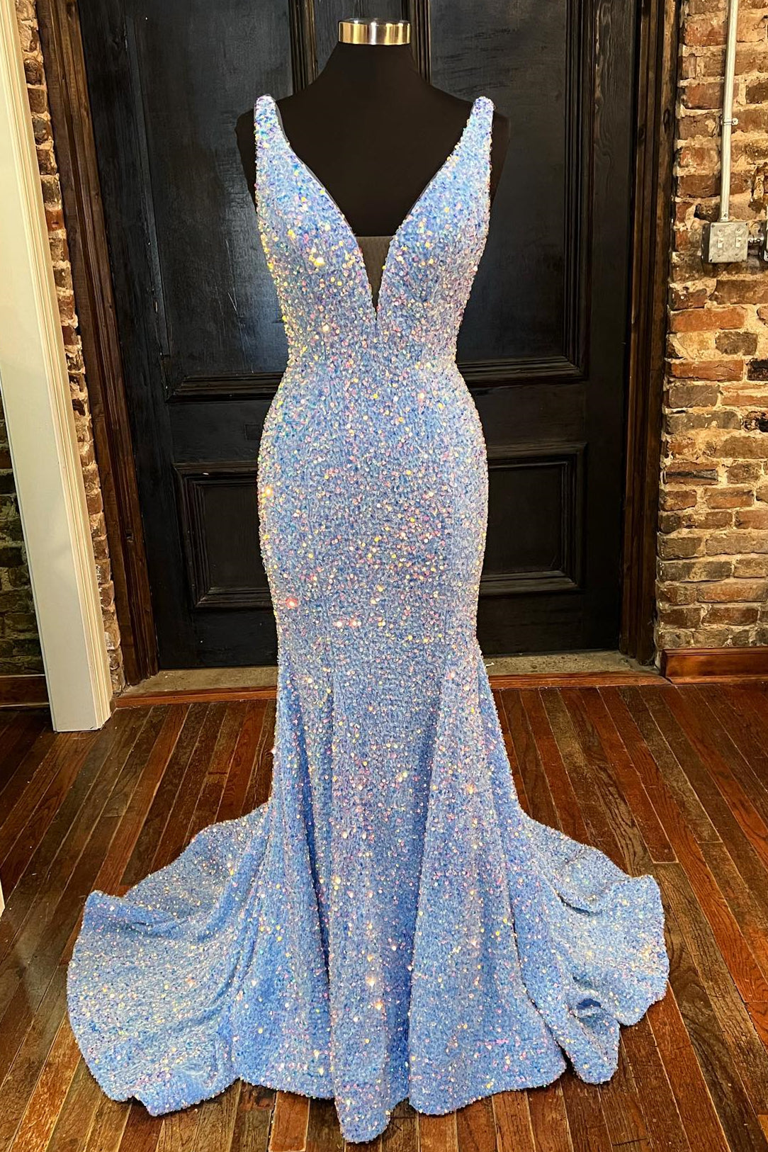 Light Blue Sequin Mermaid Long Formal Dress