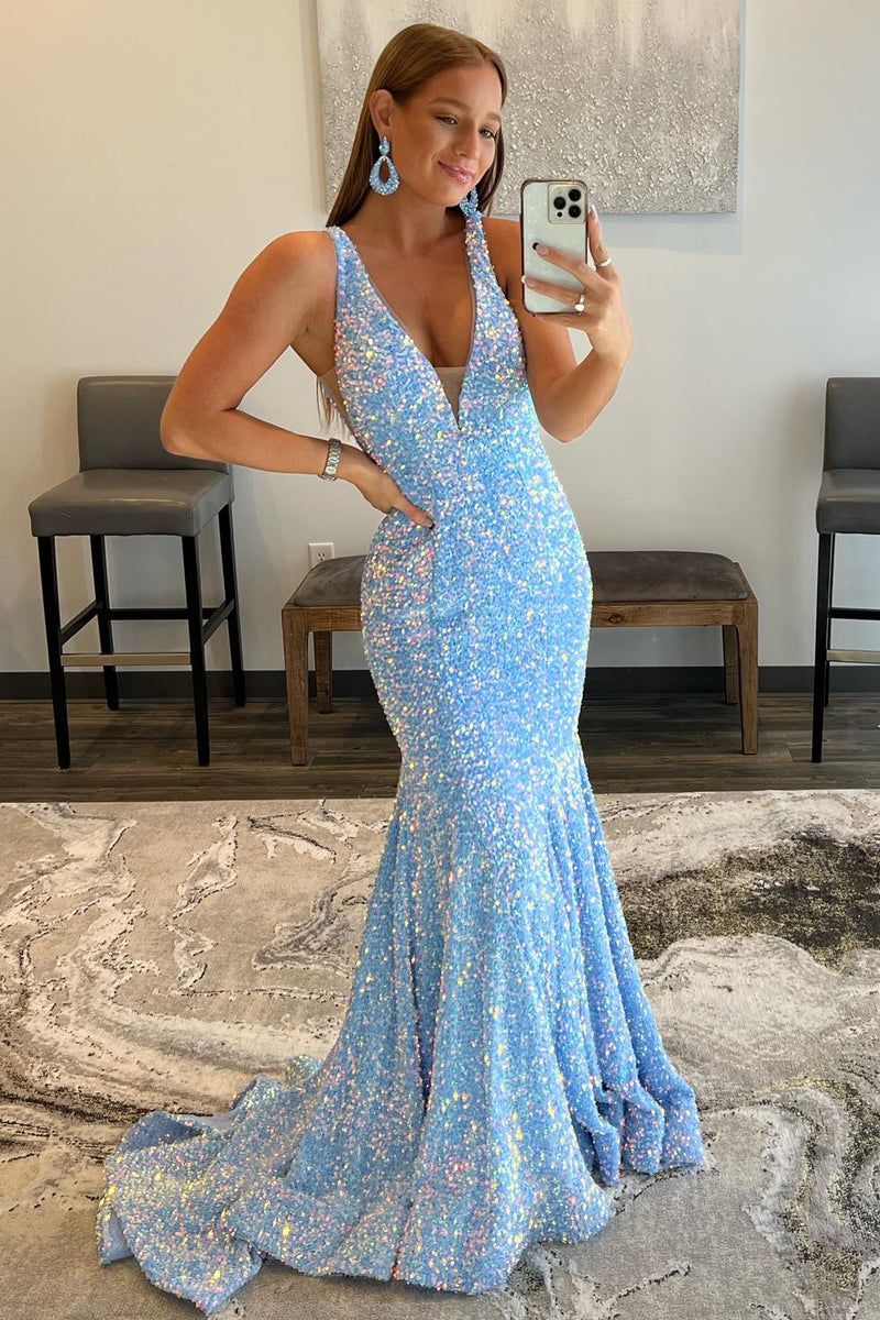 Light Blue Sequin Mermaid Long Formal Dress