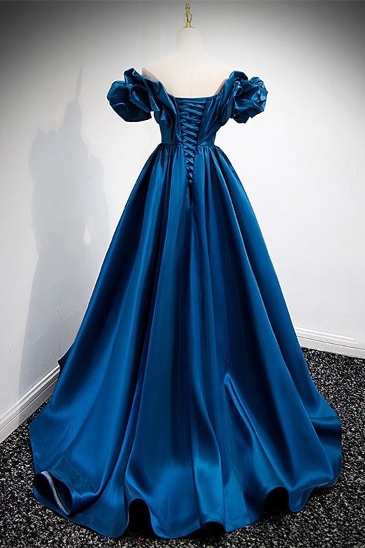 Blue Off the Shoulder A-line Satin Long Formal Dress