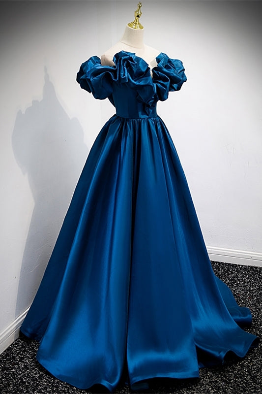 Blue Off the Shoulder A-line Satin Long Formal Dress