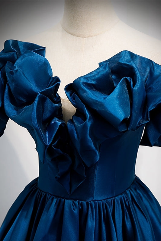 Blue Off the Shoulder A-line Satin Long Formal Dress
