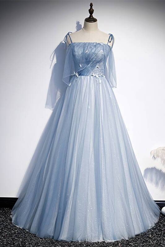 Spaghetti Straps A-line Blue Long Formal Dress