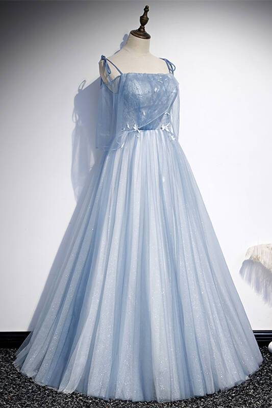 Spaghetti Straps A-line Blue Long Formal Dress