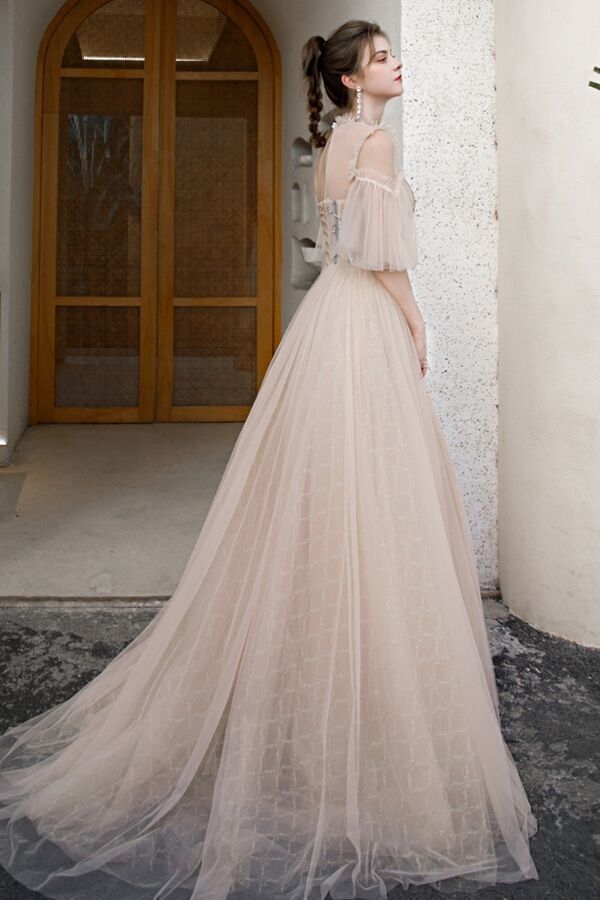 High Neck Champagne Long Formal Gown 
