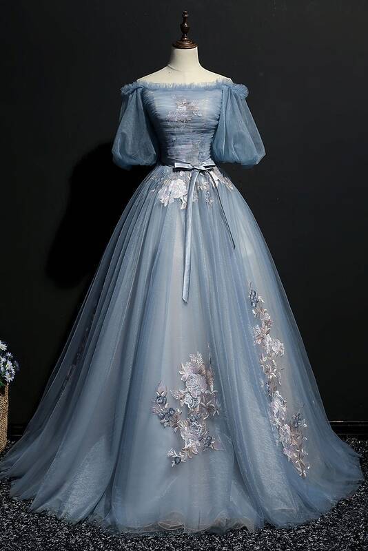 Off the Shoulder Blue Ball Gown with Bell Sleeves 