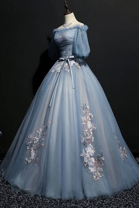 Off the Shoulder Blue Ball Gown with Bell Sleeves 