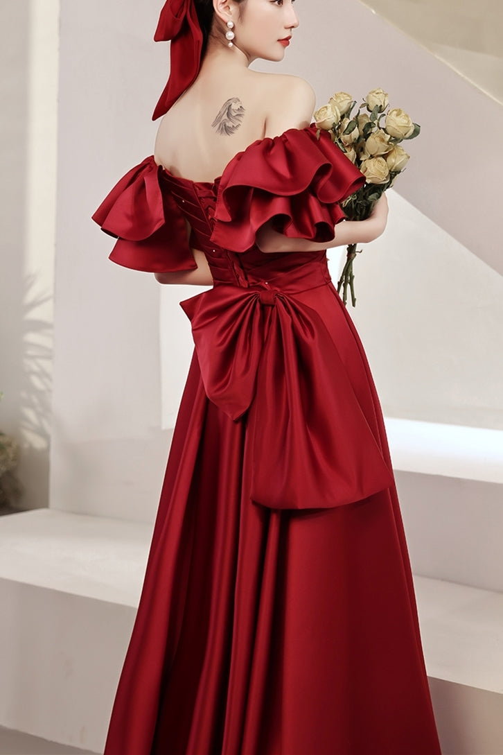 Red Ball Gown with Bell Sleeves and Lace UP Back