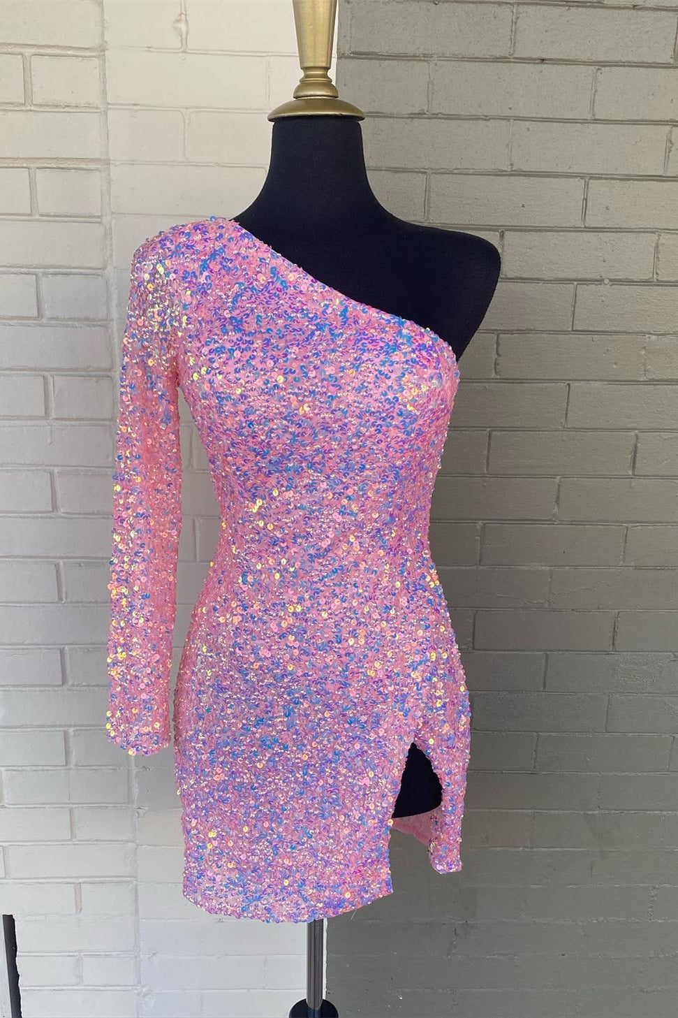 One Shoulder Pink Sequin Bodycon Mini Party Dress with Slit