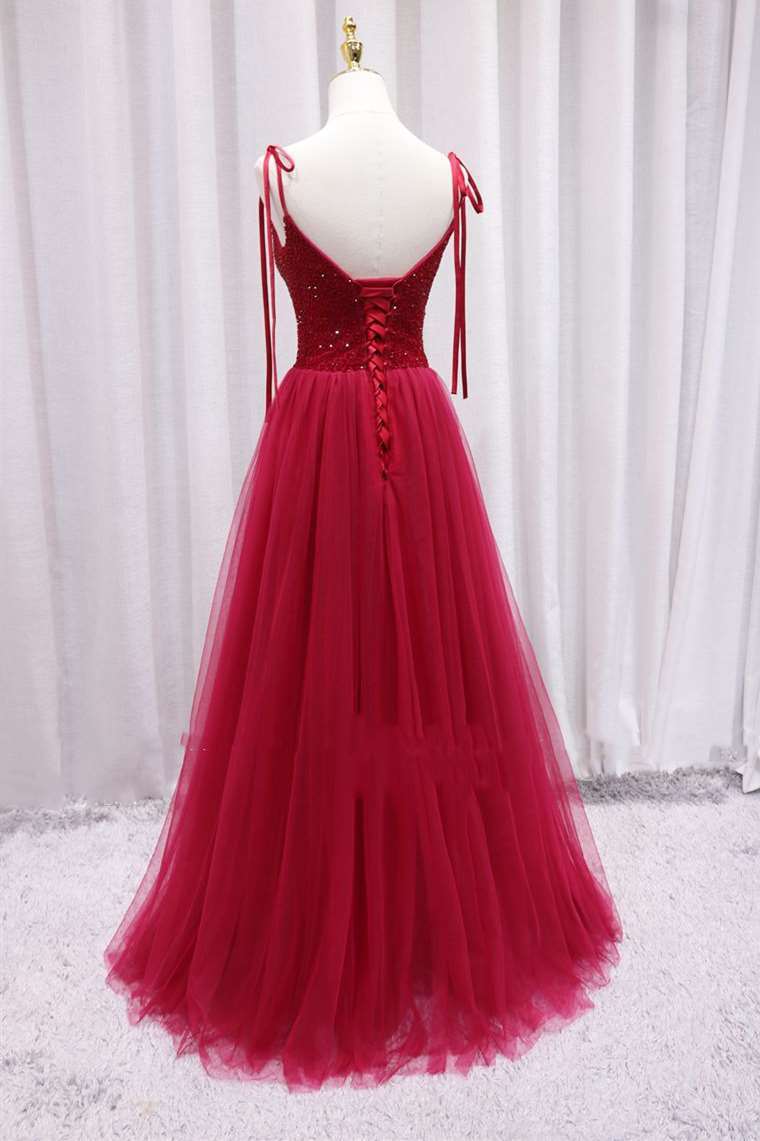 A-line Red Long Prom Dress with Beaded Bodice