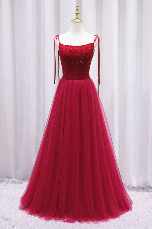 A-line Red Long Prom Dress with Beaded Bodice