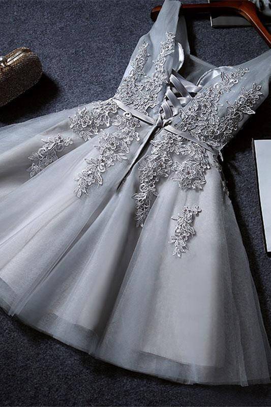 A-line Short Grey Homecoming Dress with Lace Appliques