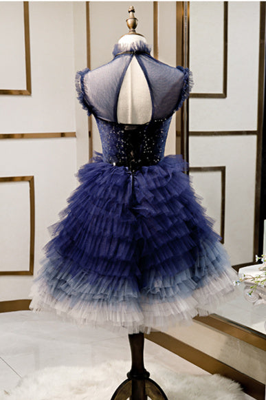 High Neck Short Navy Blue Tiered Party Dress Dressesforparty High Neck Short Navy Blue Tiered Party Dress Dressesforparty