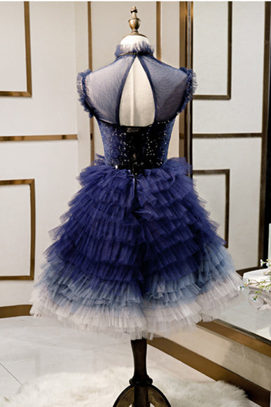 High Neck Short Navy Blue Tiered Party Dress