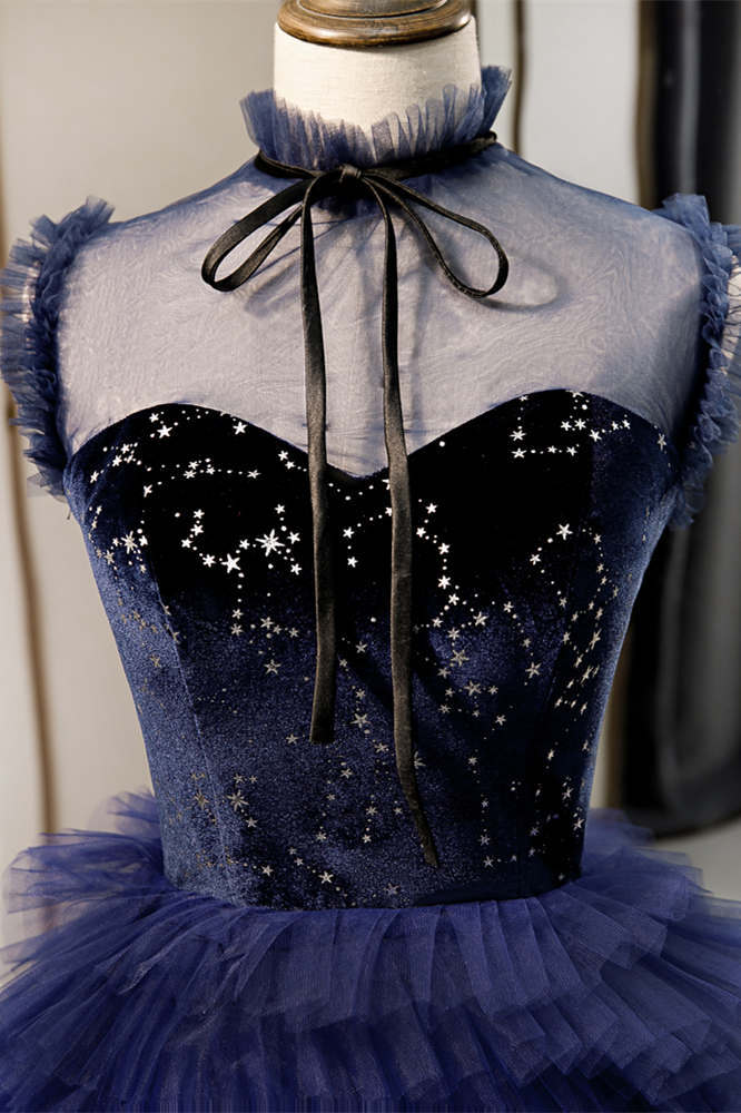 High Neck Short Navy Blue Tiered Party Dress