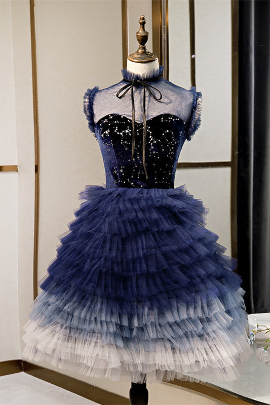 High Neck Short Navy Blue Tiered Party Dress