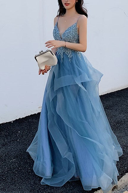 A-line Blue Lace Appliques Long Prom Dress