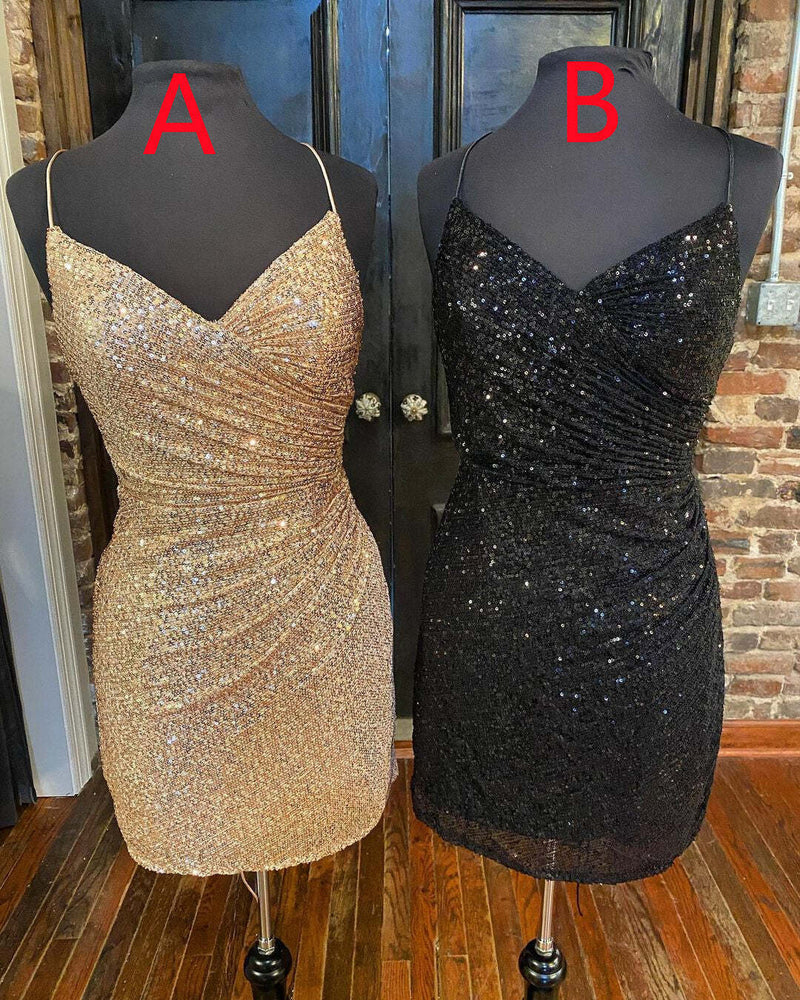 Ruched Champagne Sequin Bodycon Mini Party Dress