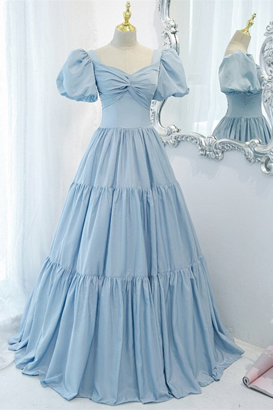 Light Blue A-line Long Formal Dress with Short Sleeves 