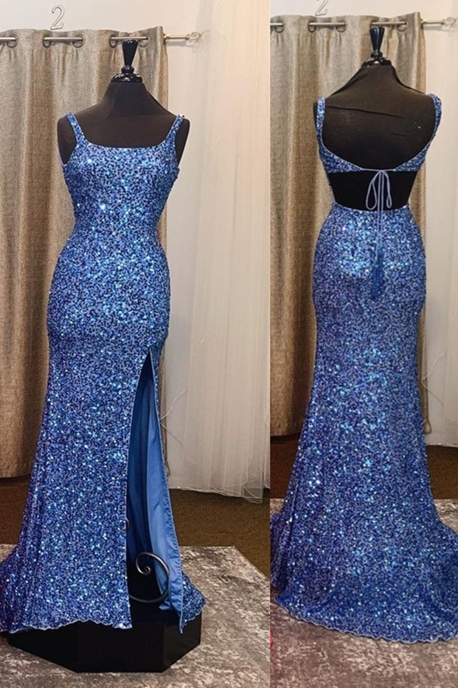 Mermaid Blue Sequins Square Neck Long Prom Dress
