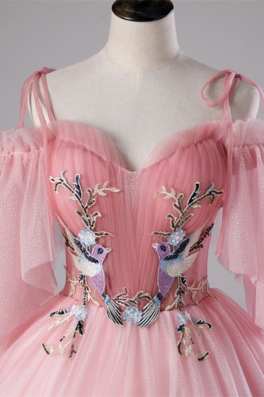 Princess Pink Off the Shoulder Floral Embroidery Long Ball Gown 