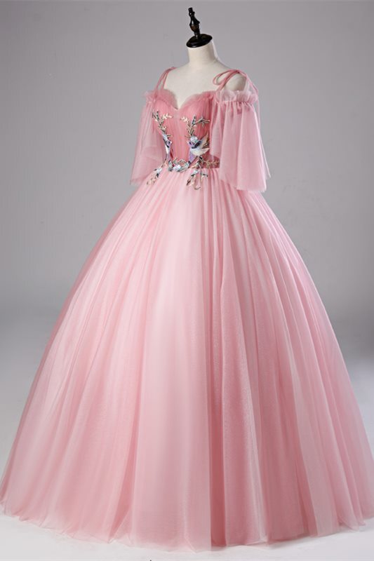 Princess Pink Off the Shoulder Floral Embroidery Long Ball Gown 