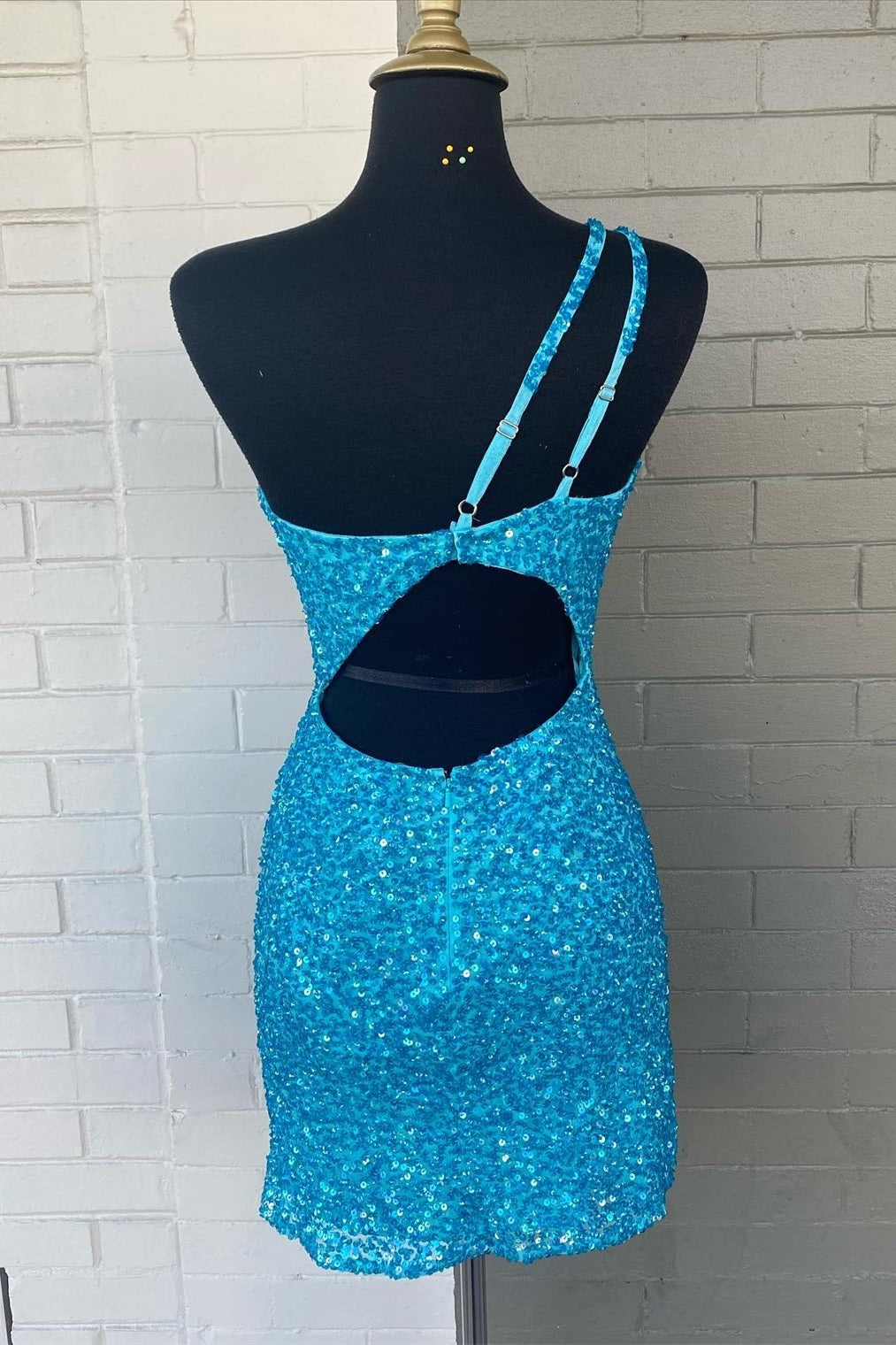 Glitters Blue Sequin One Shoulder Bodycon Mini Homecoming Dress