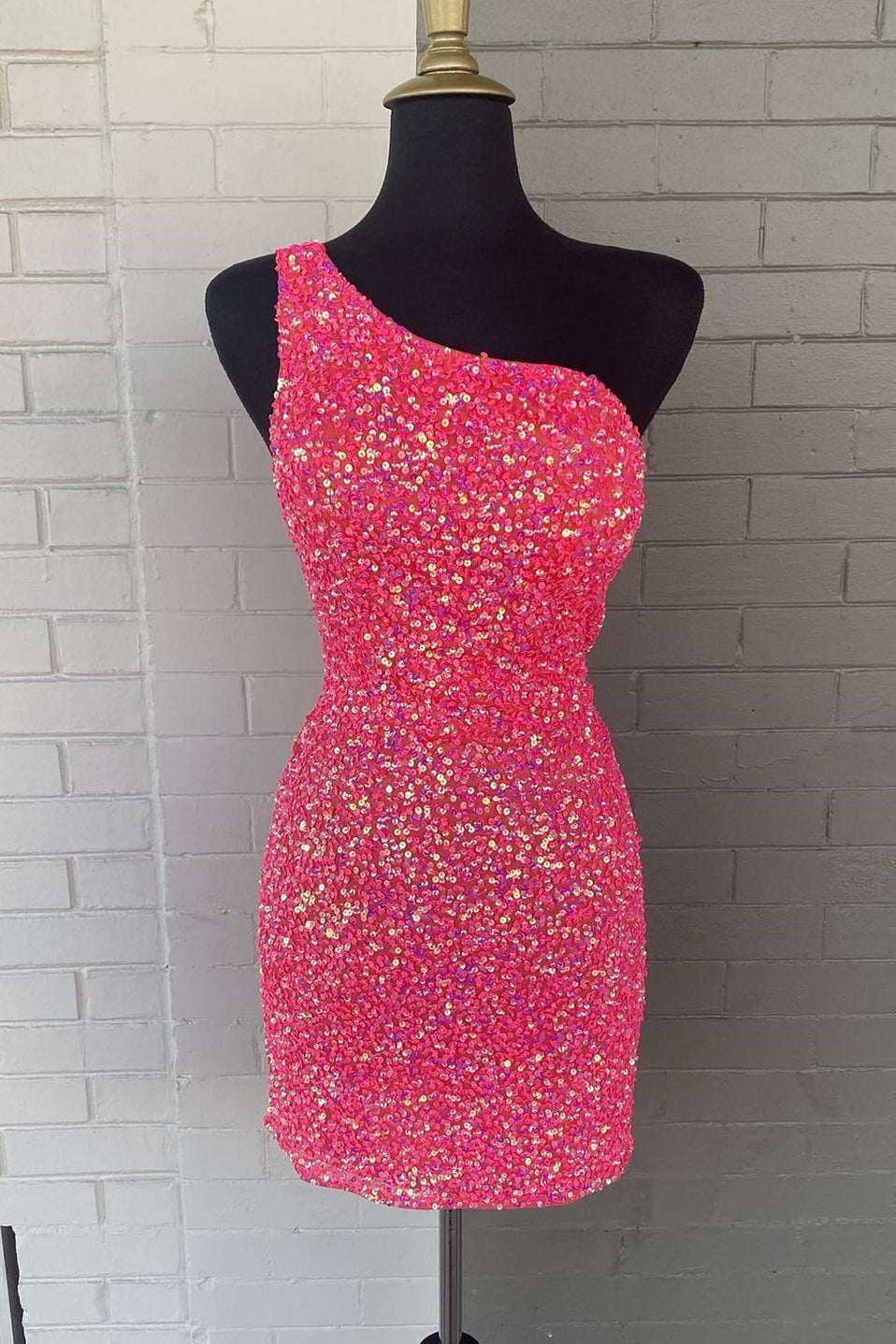 Glitters Hot Pink Sequin One Shoulder Bodycon Mini Homecoming Dress