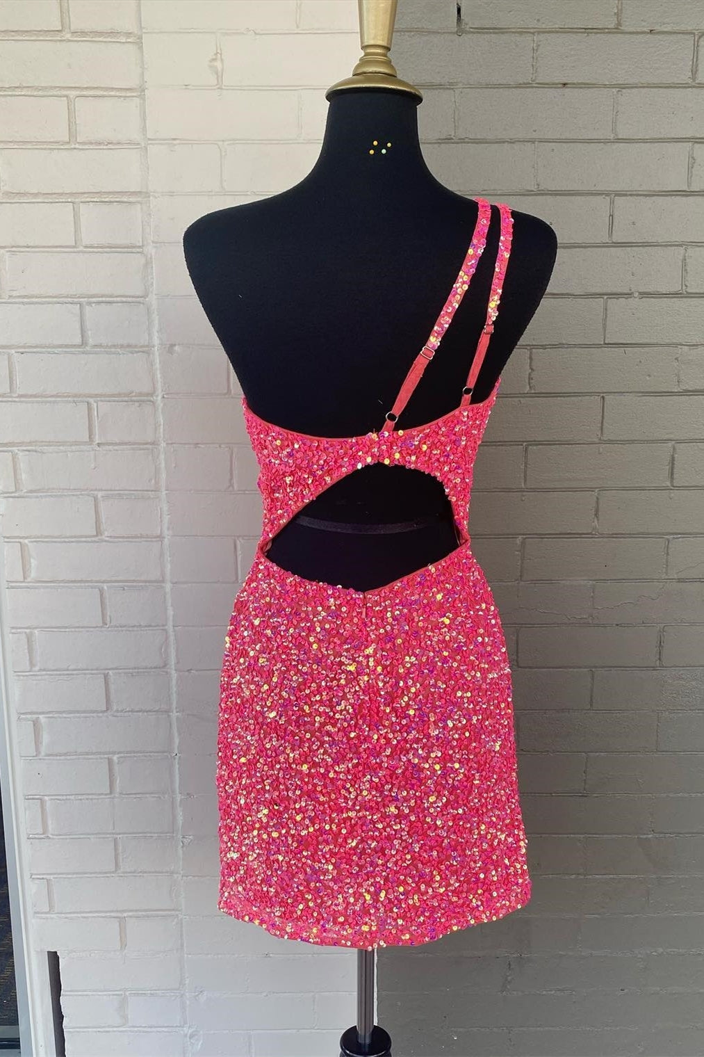 Glitters Hot Pink Sequin One Shoulder Bodycon Mini Homecoming Dress