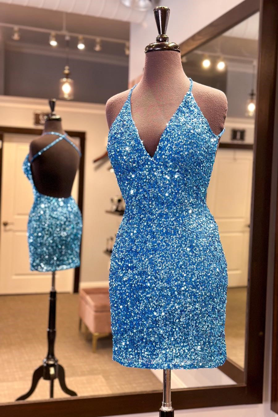 Straps Blue Sequin Tight Mini Dress