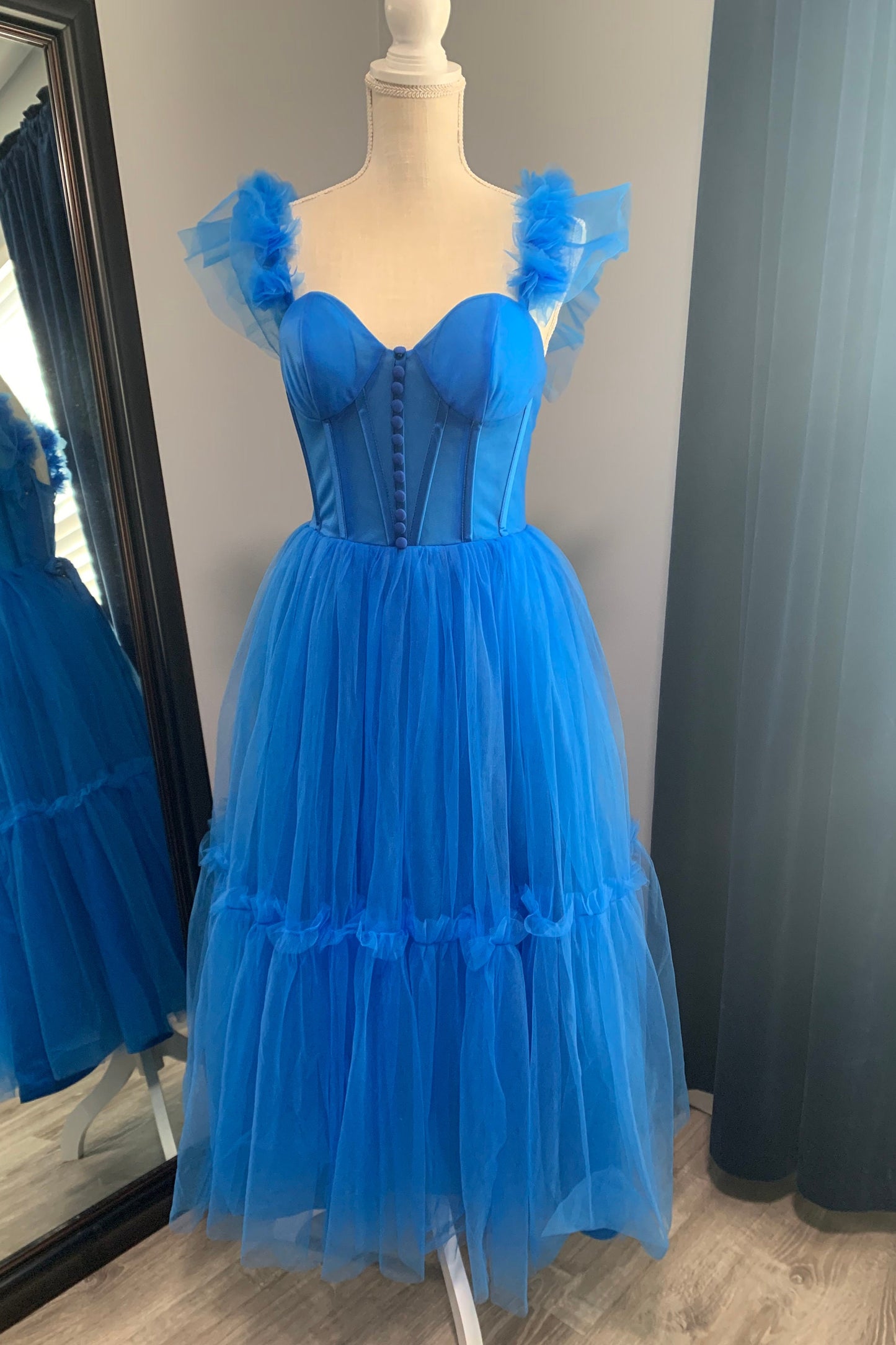 Blue Flare Straps Corset Tea Length Dress