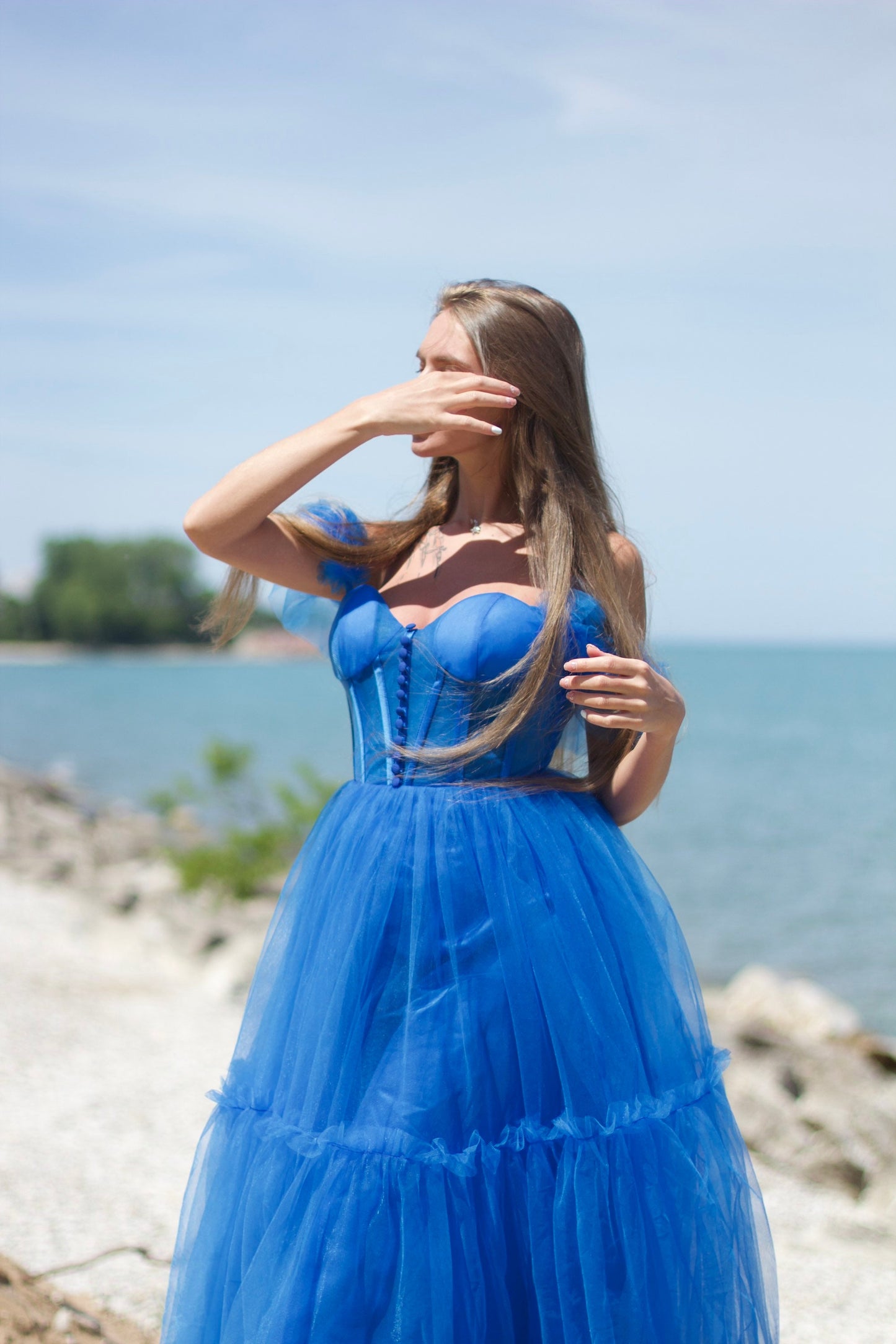 Blue Flare Straps Corset Tea Length Dress