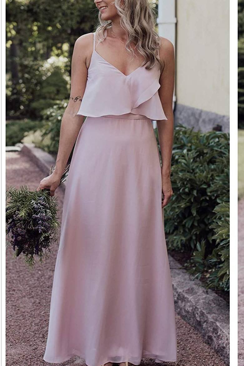 Flounced Pink Chiffon Long Bridesmaid Dress with Spaghetti Straps