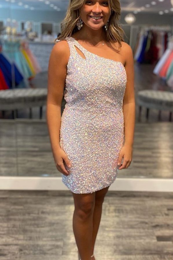 One Shoulder White Sequins Bodycon Mini Dress 