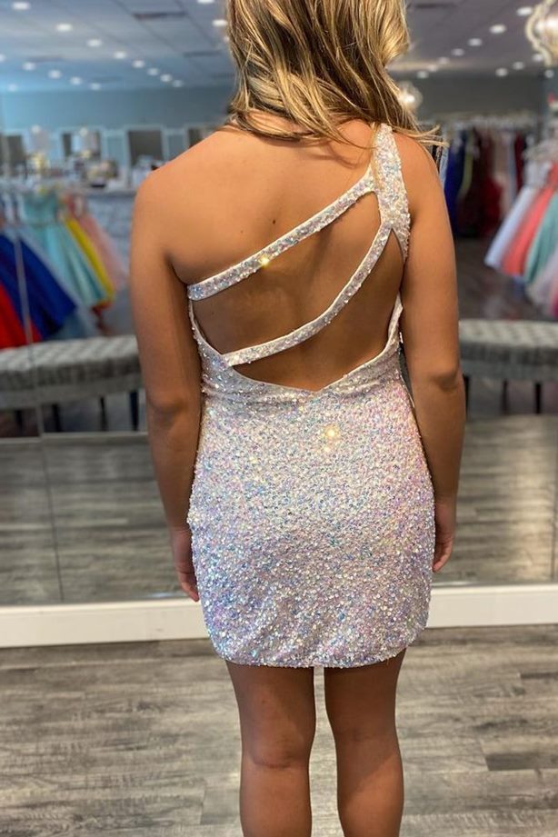 One Shoulder White Sequins Bodycon Mini Dress 