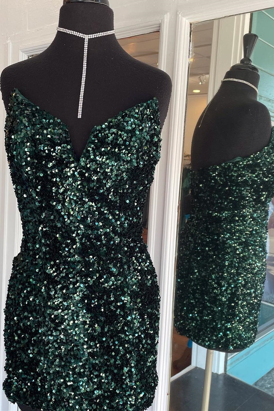 Dark Green Sequin V Neck Bodycon Mini Party Dress