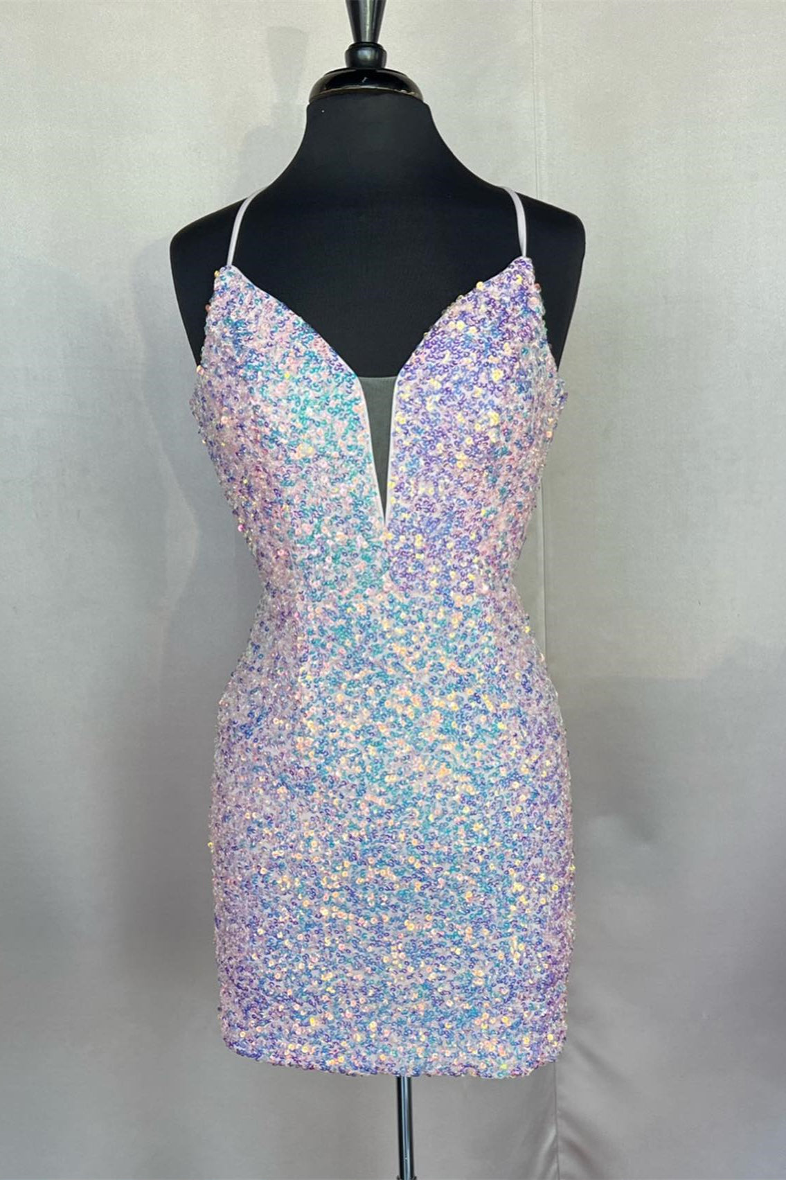 Silver Sequin V Neck Straps Tight Mini Dress