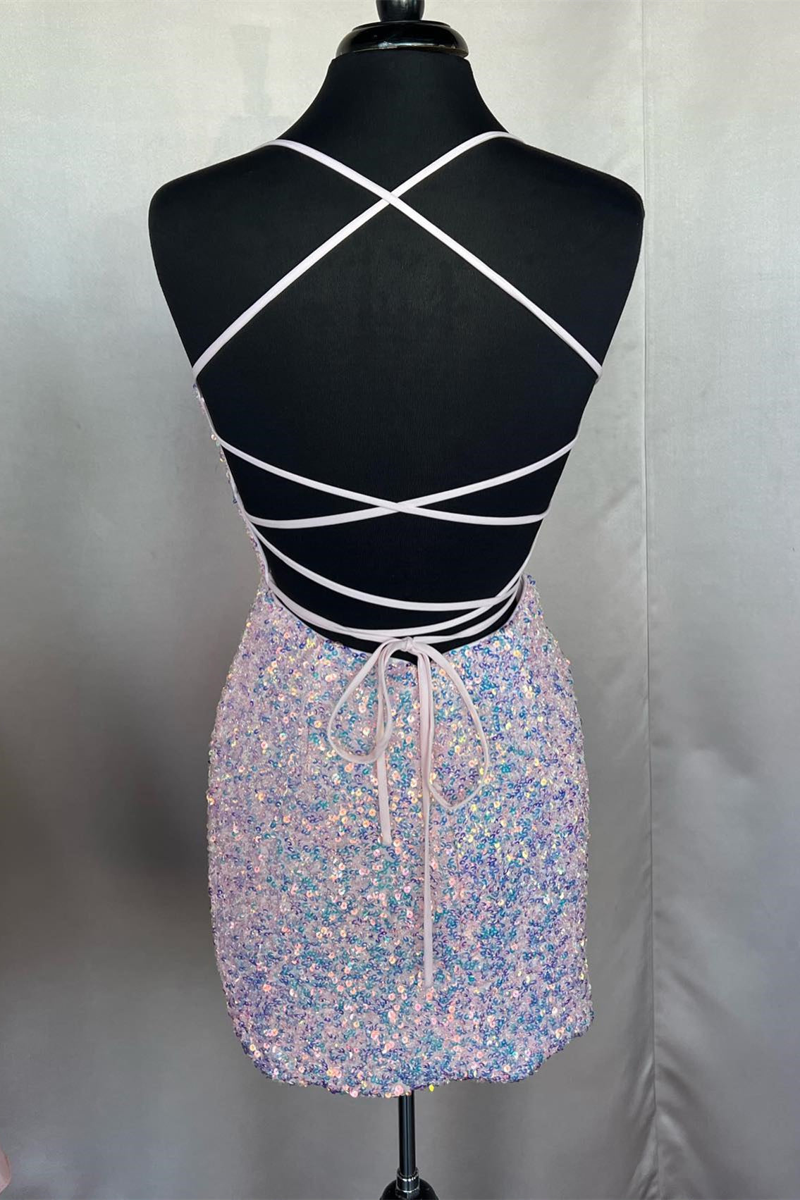 Silver Sequin V Neck Straps Tight Mini Dress