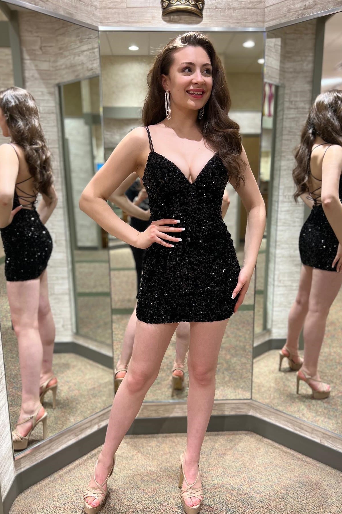 Stunning Sequin Straps Bodycon Mini Party Dress with Lace Up Back