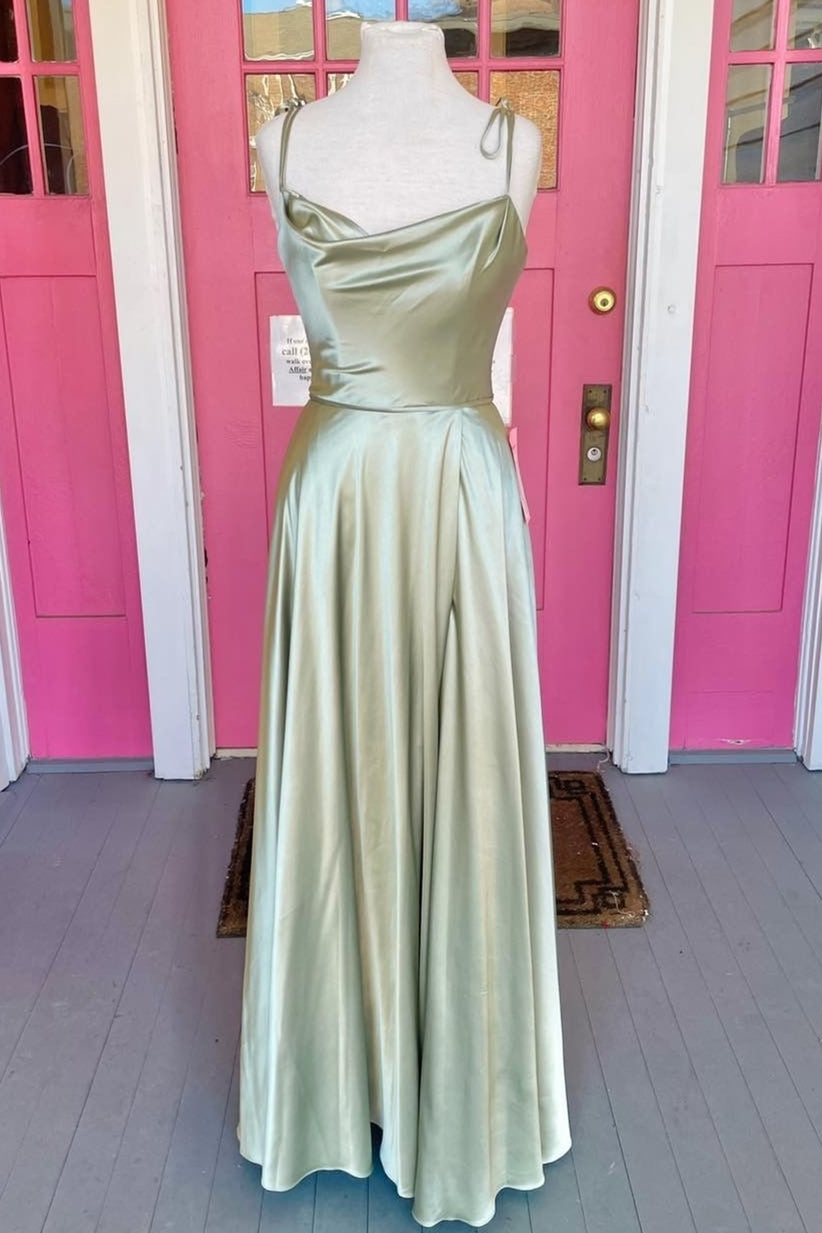 Sage Green A-line Long Formal Dress with Cowl Neck