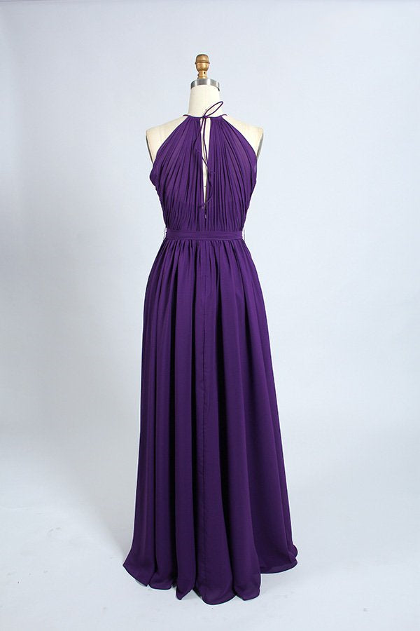 Halter Purple Pleated Long Bridesmaid Dress with Sash