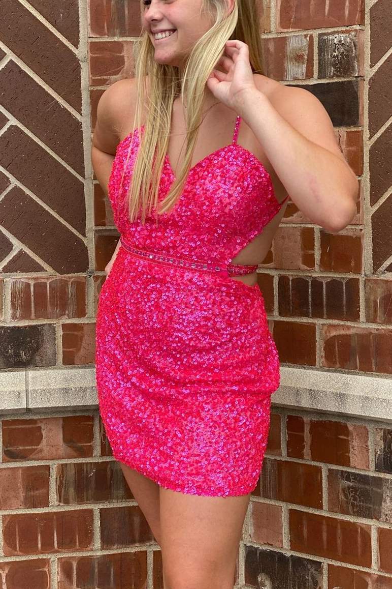 Hot Pink Sequins Bodycon Mini Party Dress