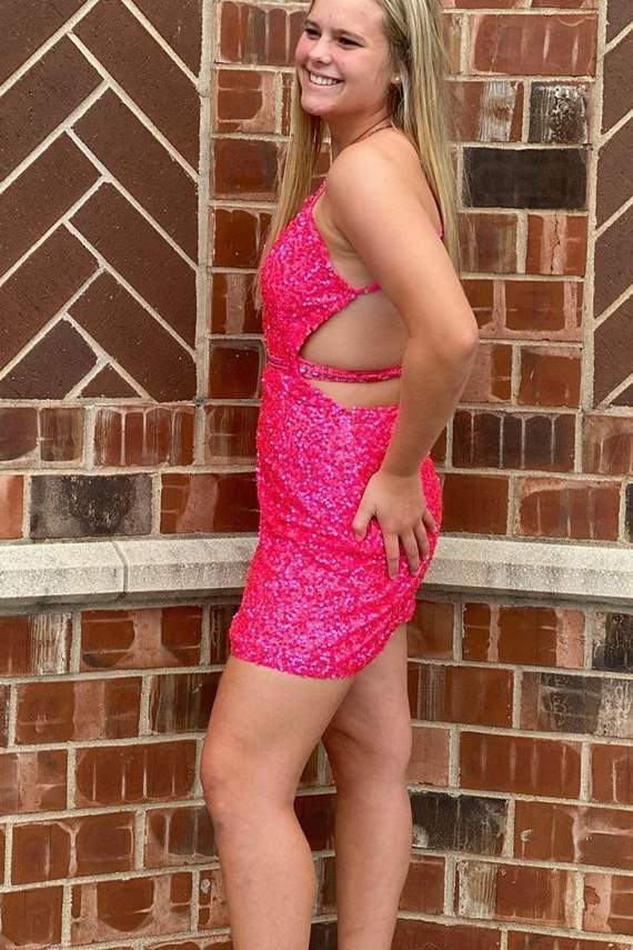 Hot Pink Sequins Bodycon Mini Party Dress